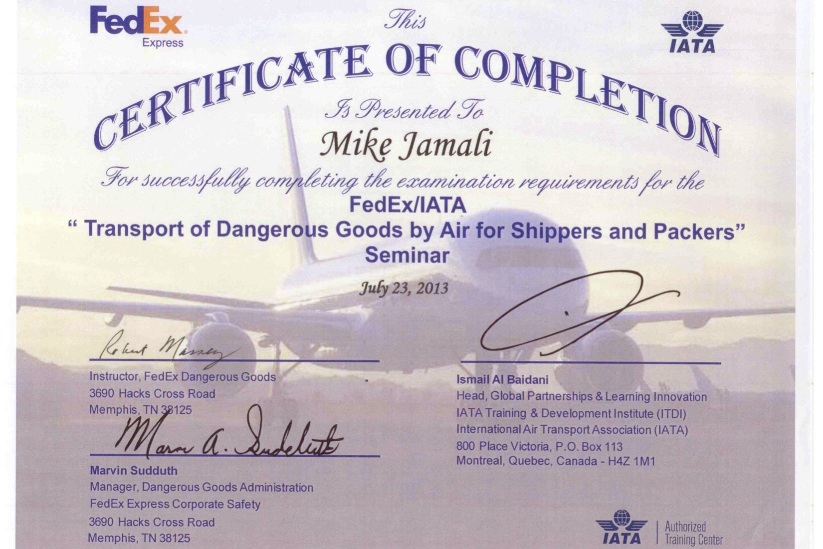 FedEx / IARA certificate of completion for Mike Jamali