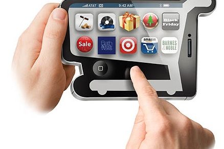 Stylized iPhone in the shape of a shopping card with hands making purchases.