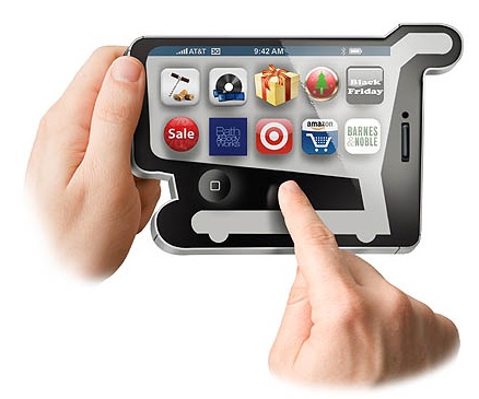 Stylized iPhone in the shape of a shopping card with hands making purchases.