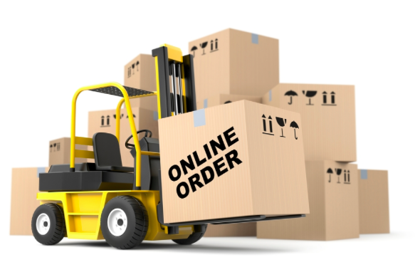 Forklift lifting box that says online order