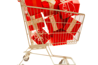 Nicely wrapped gifts in a shopping cart