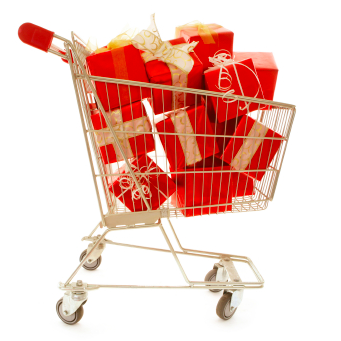 Nicely wrapped gifts in a shopping cart
