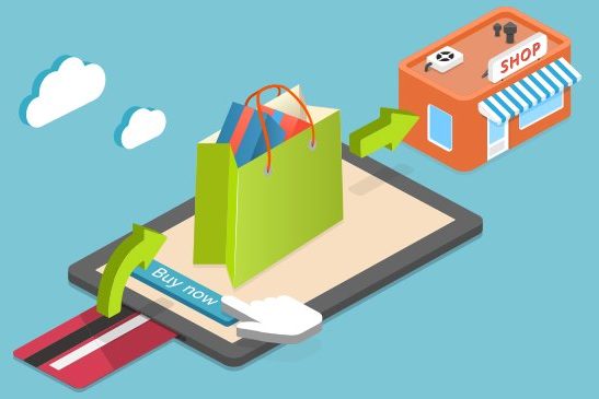 Digital rendering show credit card purchasing and online item and being shipped to the store