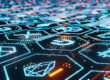 3d rendering of bitcoin and other crypto currencies led glow on dark glossy glass board with blockchain data dots and lines
