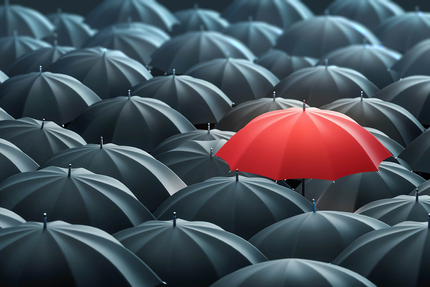 Red colored umbrella between the black umbrellas