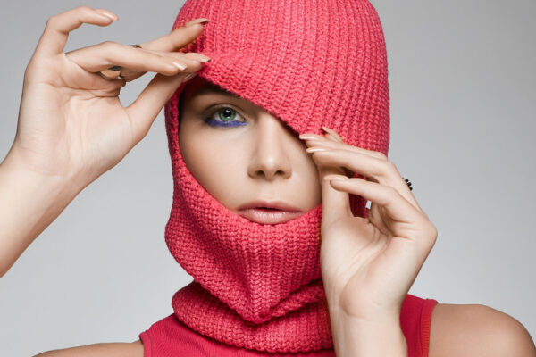 Girl in red balaclava trendy mask