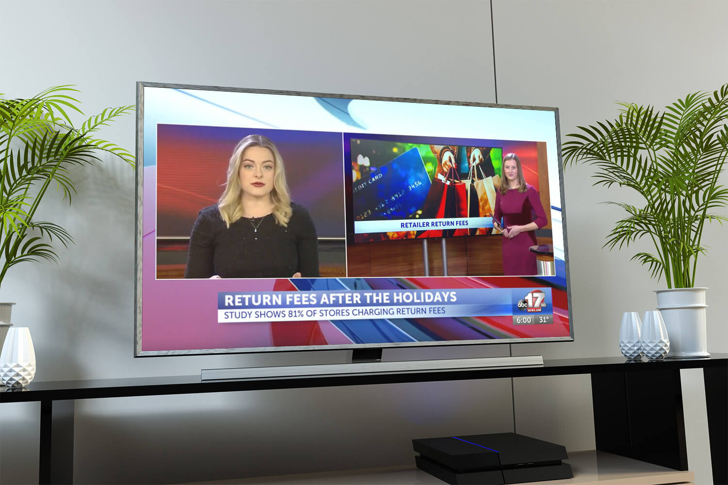 TV showing news broadcast running a segment about return fees