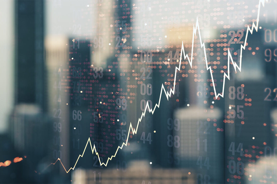 Abstract financial graph with city skyline in the background