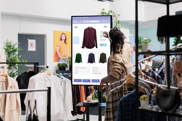 Man uses digital display to view shirts and jackets for sale in luxury retail shop.