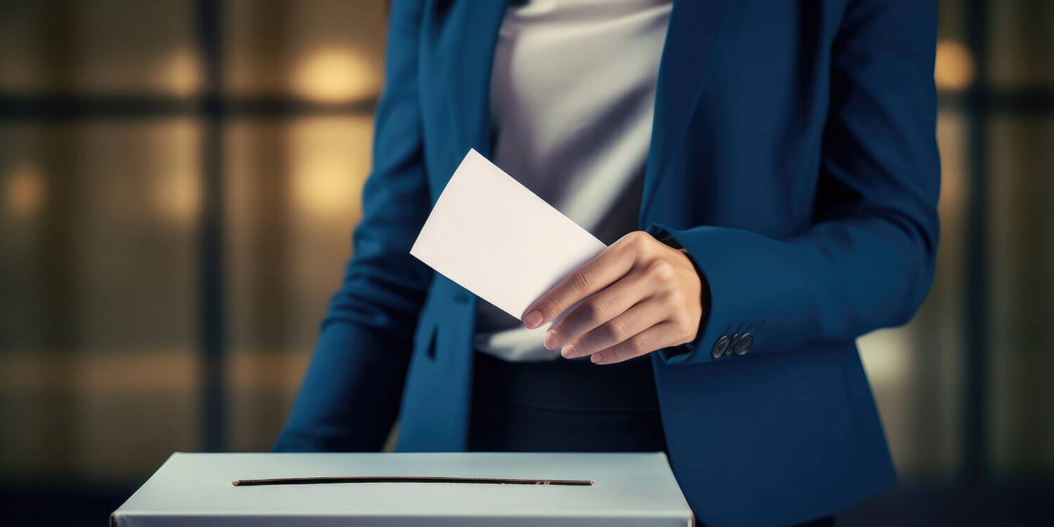 Woman in luxury suit casting her vote in the presidential election